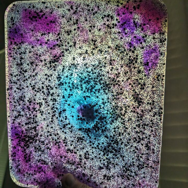 Backlit resin tray with purple, teal and black speckles